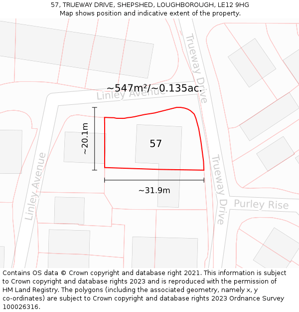 57, TRUEWAY DRIVE, SHEPSHED, LOUGHBOROUGH, LE12 9HG: Plot and title map