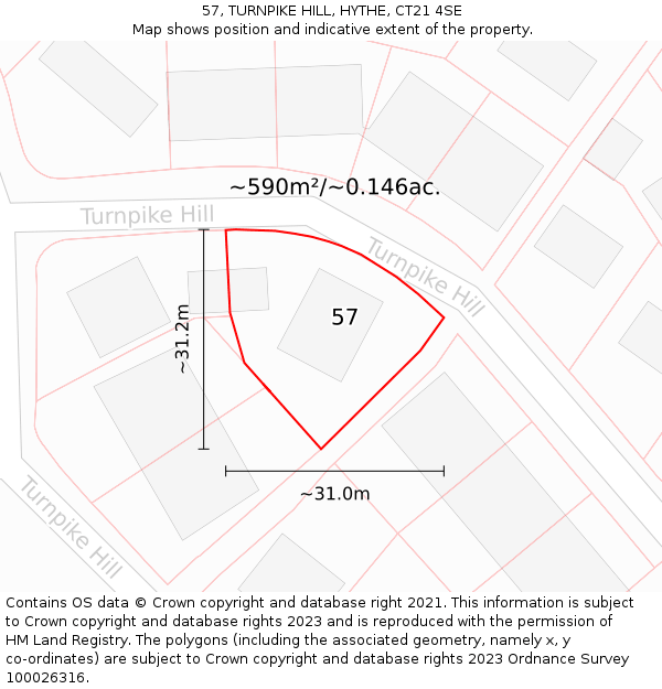 57, TURNPIKE HILL, HYTHE, CT21 4SE: Plot and title map