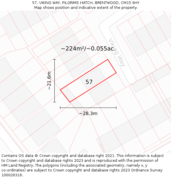 57, VIKING WAY, PILGRIMS HATCH, BRENTWOOD, CM15 9HY: Plot and title map