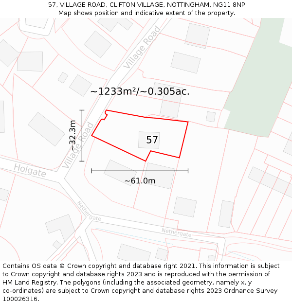 57, VILLAGE ROAD, CLIFTON VILLAGE, NOTTINGHAM, NG11 8NP: Plot and title map