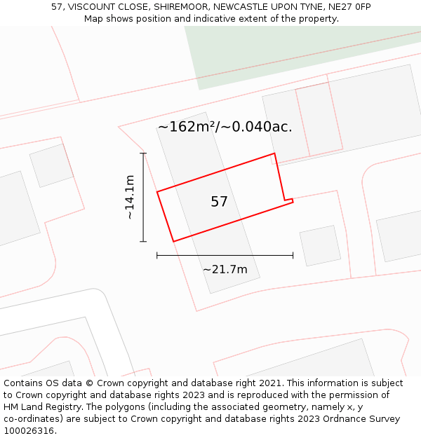 57, VISCOUNT CLOSE, SHIREMOOR, NEWCASTLE UPON TYNE, NE27 0FP: Plot and title map