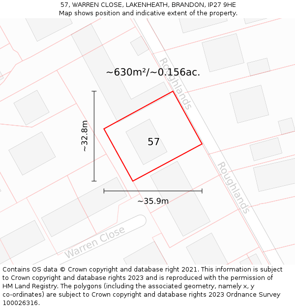 57, WARREN CLOSE, LAKENHEATH, BRANDON, IP27 9HE: Plot and title map