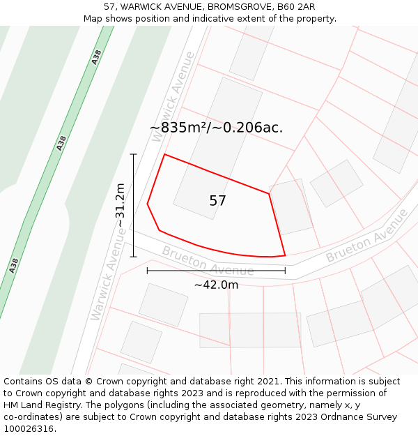 57, WARWICK AVENUE, BROMSGROVE, B60 2AR: Plot and title map