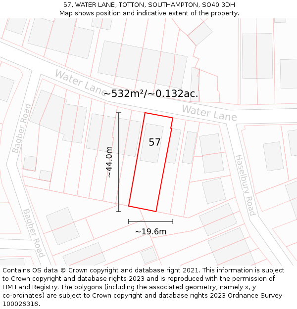 57, WATER LANE, TOTTON, SOUTHAMPTON, SO40 3DH: Plot and title map