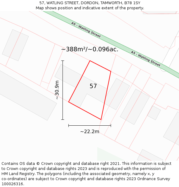 57, WATLING STREET, DORDON, TAMWORTH, B78 1SY: Plot and title map