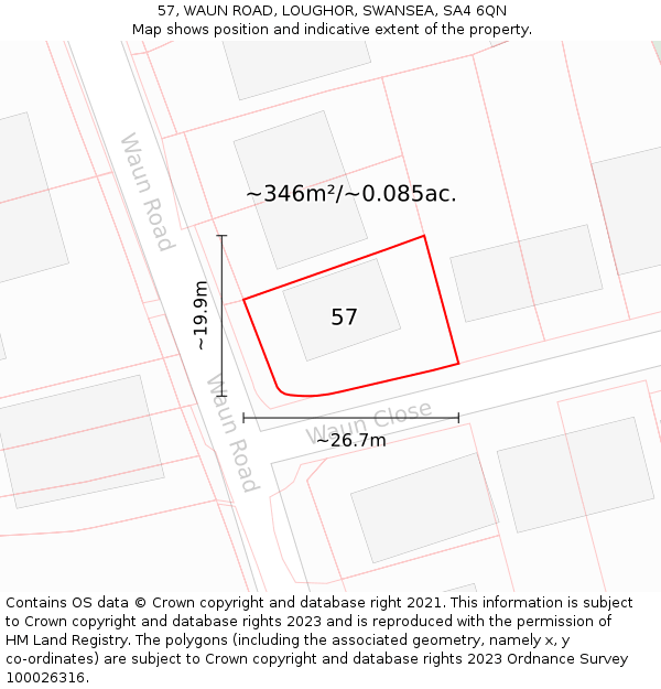 57, WAUN ROAD, LOUGHOR, SWANSEA, SA4 6QN: Plot and title map