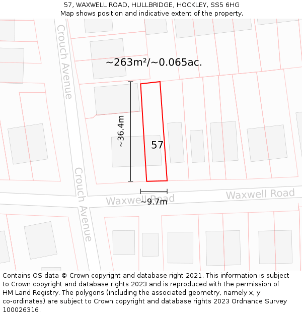 57, WAXWELL ROAD, HULLBRIDGE, HOCKLEY, SS5 6HG: Plot and title map