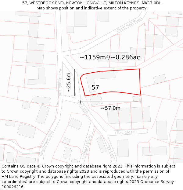 57, WESTBROOK END, NEWTON LONGVILLE, MILTON KEYNES, MK17 0DL: Plot and title map