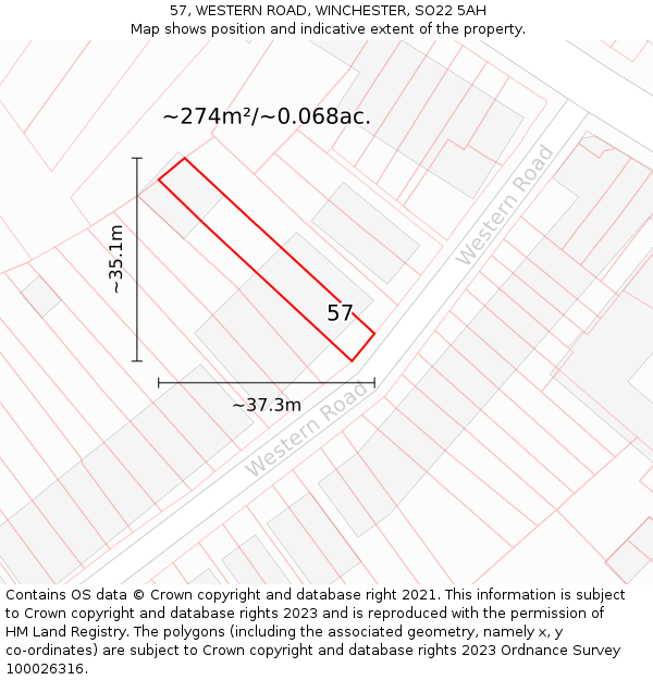 57, WESTERN ROAD, WINCHESTER, SO22 5AH: Plot and title map