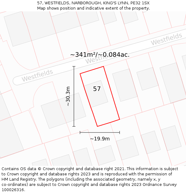 57, WESTFIELDS, NARBOROUGH, KING'S LYNN, PE32 1SX: Plot and title map