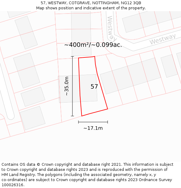 57, WESTWAY, COTGRAVE, NOTTINGHAM, NG12 3QB: Plot and title map