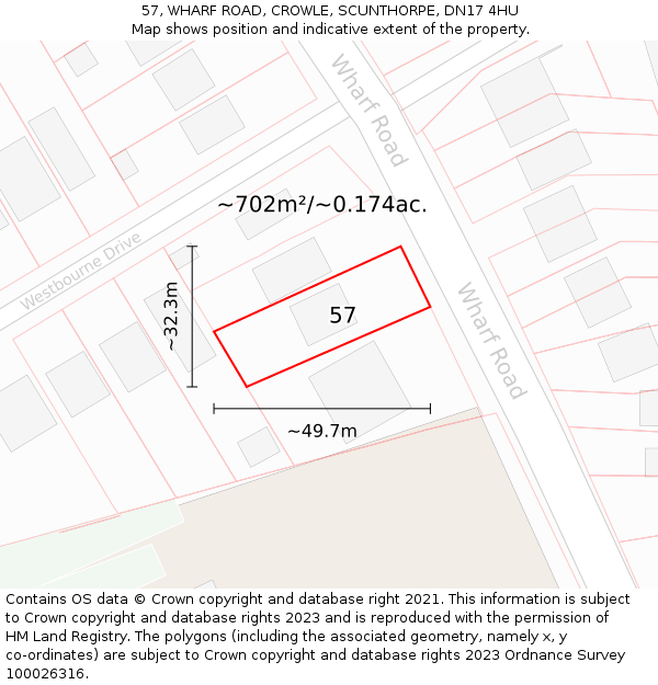 57, WHARF ROAD, CROWLE, SCUNTHORPE, DN17 4HU: Plot and title map