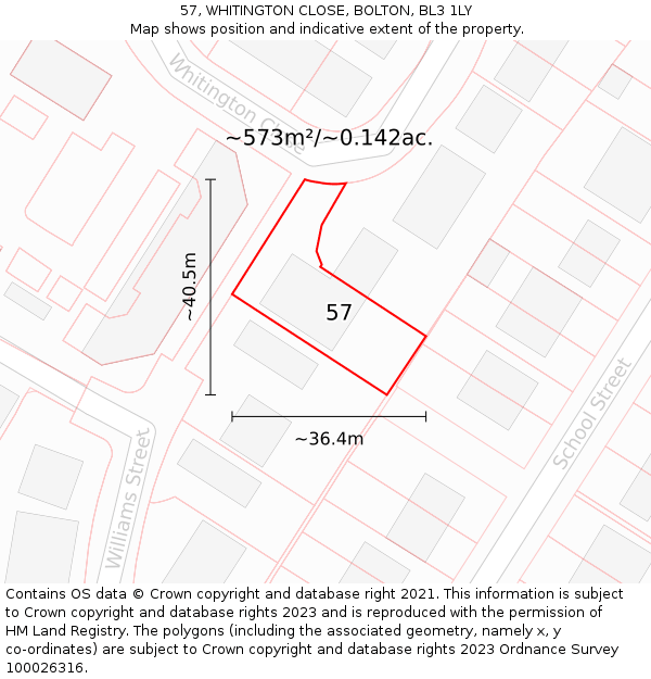 57, WHITINGTON CLOSE, BOLTON, BL3 1LY: Plot and title map