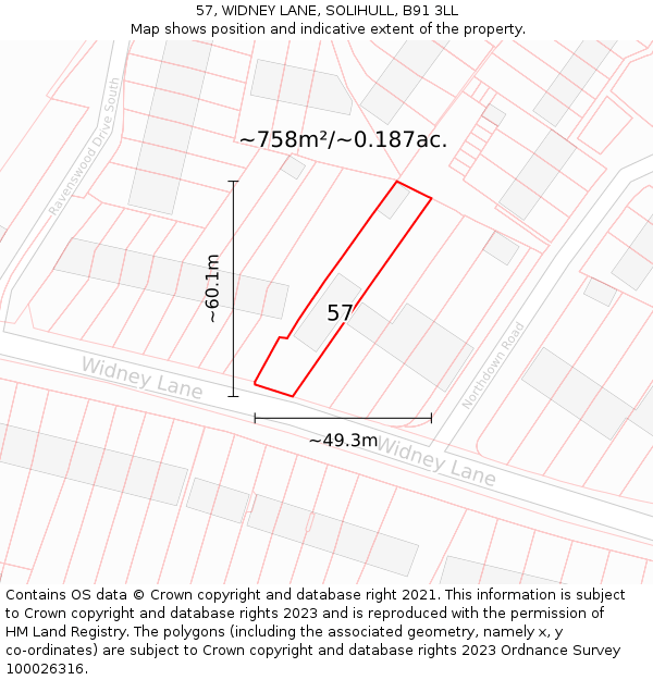 57, WIDNEY LANE, SOLIHULL, B91 3LL: Plot and title map