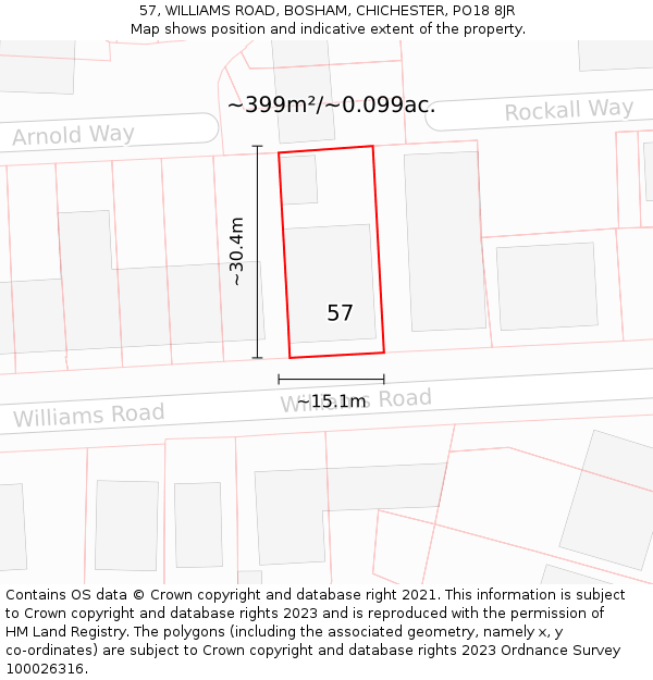 57, WILLIAMS ROAD, BOSHAM, CHICHESTER, PO18 8JR: Plot and title map