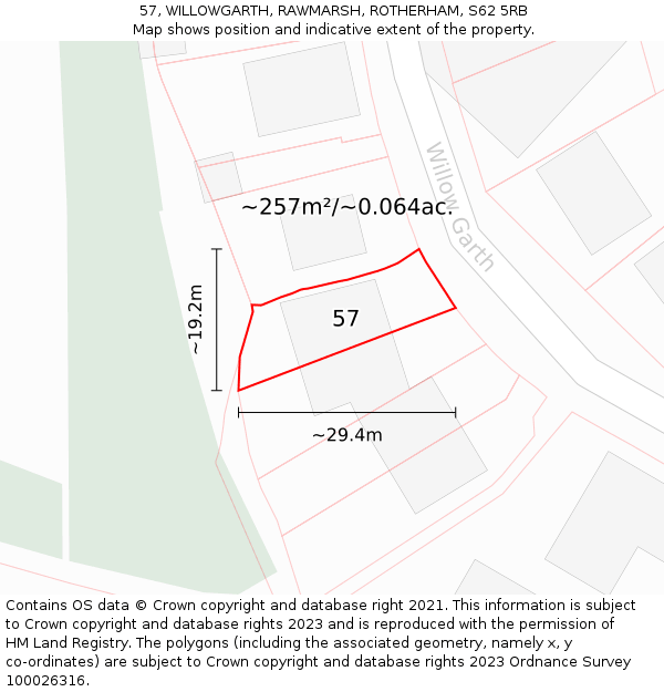 57, WILLOWGARTH, RAWMARSH, ROTHERHAM, S62 5RB: Plot and title map