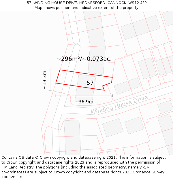 57, WINDING HOUSE DRIVE, HEDNESFORD, CANNOCK, WS12 4FP: Plot and title map