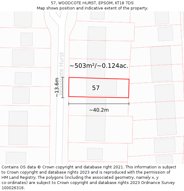 57, WOODCOTE HURST, EPSOM, KT18 7DS: Plot and title map