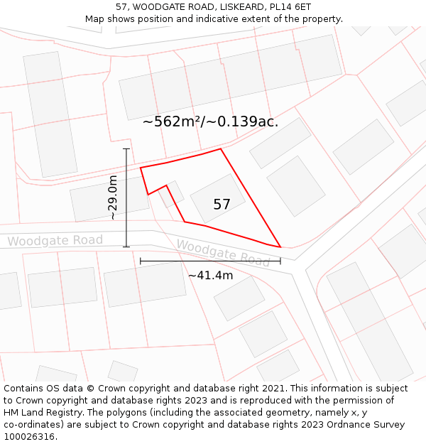 57, WOODGATE ROAD, LISKEARD, PL14 6ET: Plot and title map