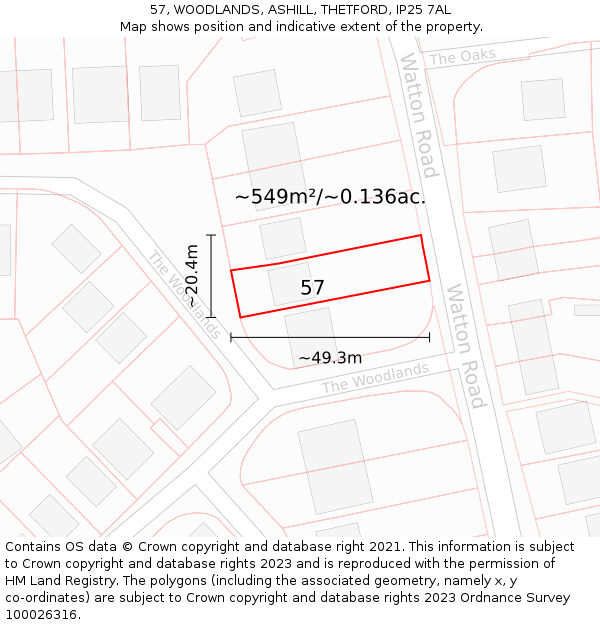 57, WOODLANDS, ASHILL, THETFORD, IP25 7AL: Plot and title map