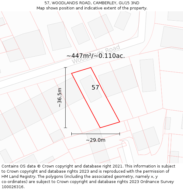 57, WOODLANDS ROAD, CAMBERLEY, GU15 3ND: Plot and title map