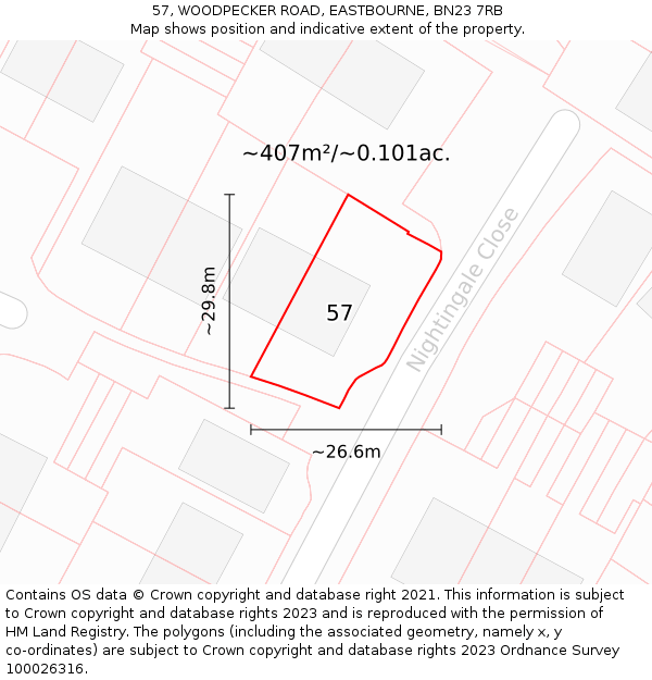 57, WOODPECKER ROAD, EASTBOURNE, BN23 7RB: Plot and title map