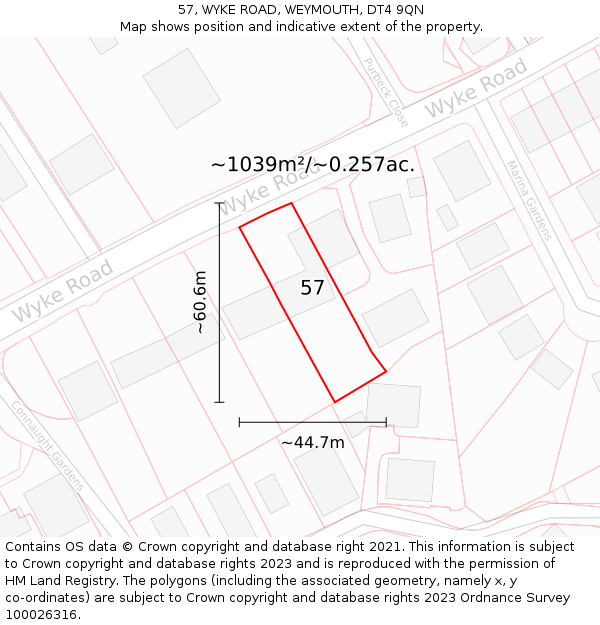 57, WYKE ROAD, WEYMOUTH, DT4 9QN: Plot and title map