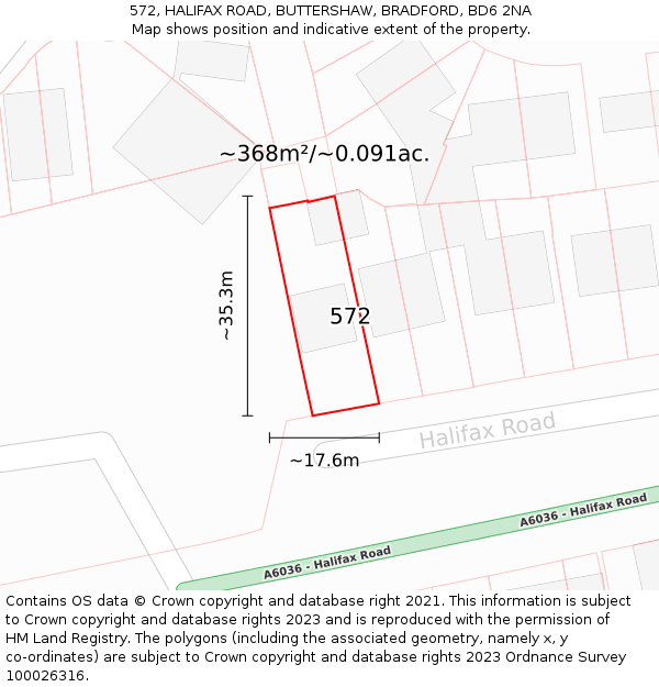 572, HALIFAX ROAD, BUTTERSHAW, BRADFORD, BD6 2NA: Plot and title map