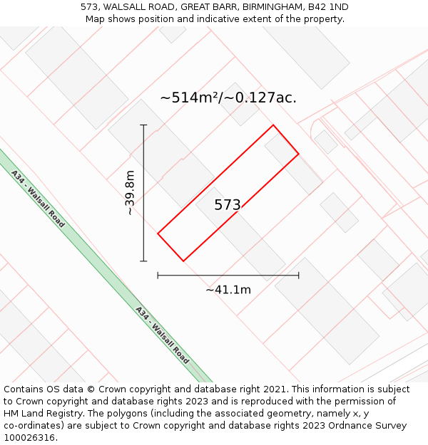 573, WALSALL ROAD, GREAT BARR, BIRMINGHAM, B42 1ND: Plot and title map