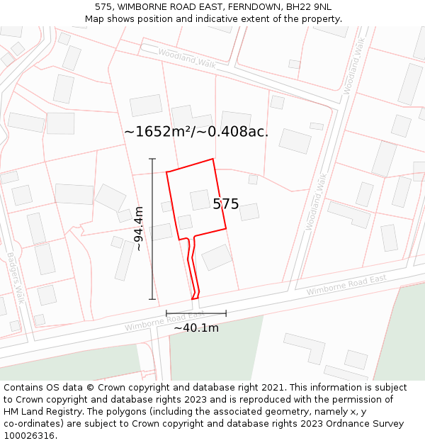 575, WIMBORNE ROAD EAST, FERNDOWN, BH22 9NL: Plot and title map