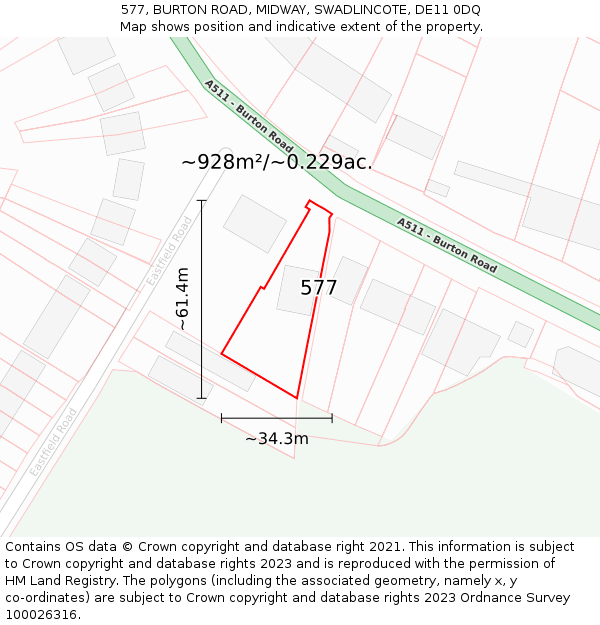 577, BURTON ROAD, MIDWAY, SWADLINCOTE, DE11 0DQ: Plot and title map