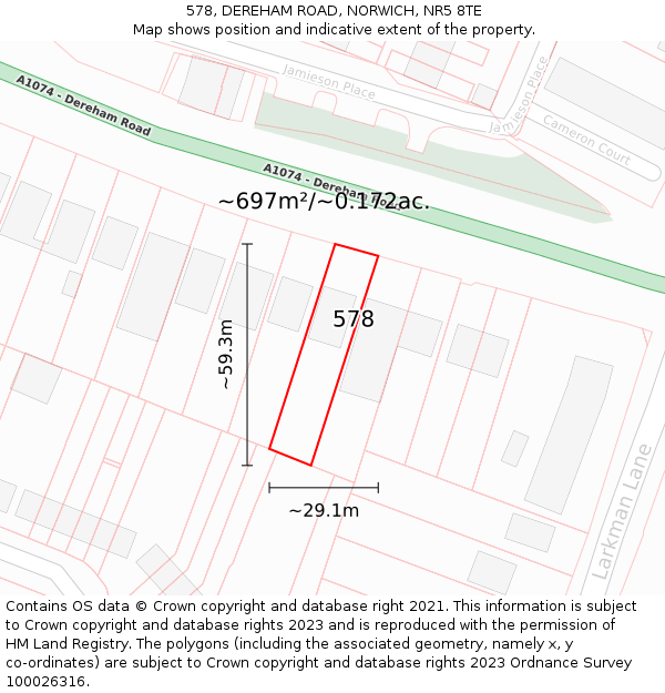 578, DEREHAM ROAD, NORWICH, NR5 8TE: Plot and title map