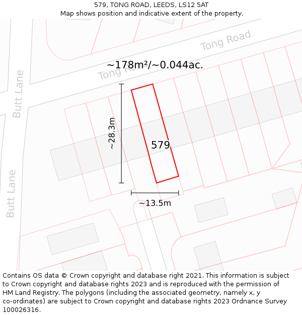 579, TONG ROAD, LEEDS, LS12 5AT: Plot and title map