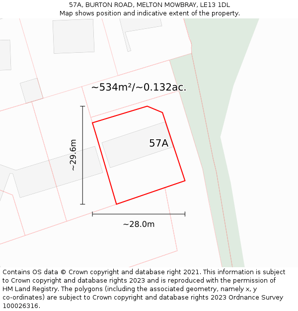 57A, BURTON ROAD, MELTON MOWBRAY, LE13 1DL: Plot and title map