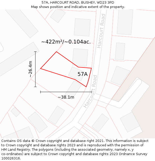 57A, HARCOURT ROAD, BUSHEY, WD23 3PD: Plot and title map
