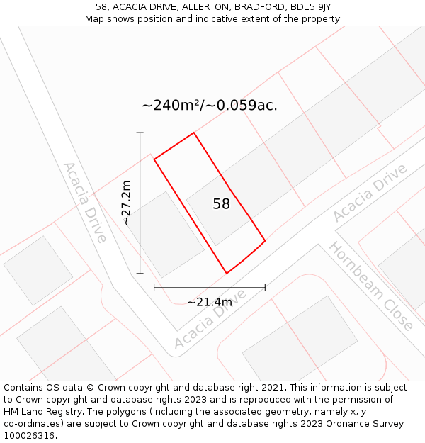 58, ACACIA DRIVE, ALLERTON, BRADFORD, BD15 9JY: Plot and title map