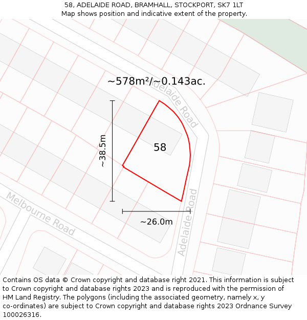 58, ADELAIDE ROAD, BRAMHALL, STOCKPORT, SK7 1LT: Plot and title map