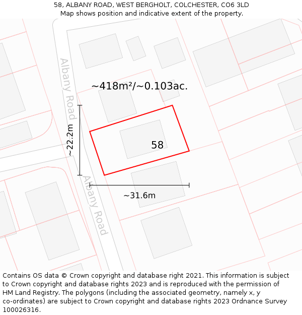 58, ALBANY ROAD, WEST BERGHOLT, COLCHESTER, CO6 3LD: Plot and title map