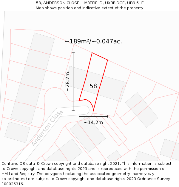 58, ANDERSON CLOSE, HAREFIELD, UXBRIDGE, UB9 6HF: Plot and title map