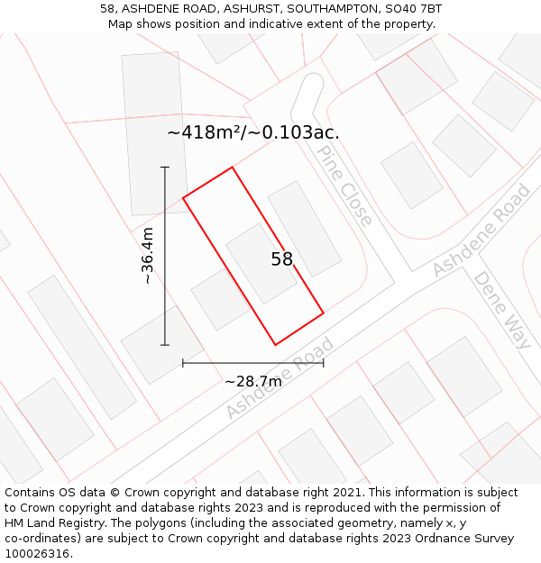 58, ASHDENE ROAD, ASHURST, SOUTHAMPTON, SO40 7BT: Plot and title map