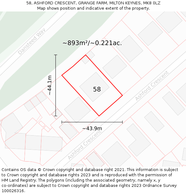 58, ASHFORD CRESCENT, GRANGE FARM, MILTON KEYNES, MK8 0LZ: Plot and title map