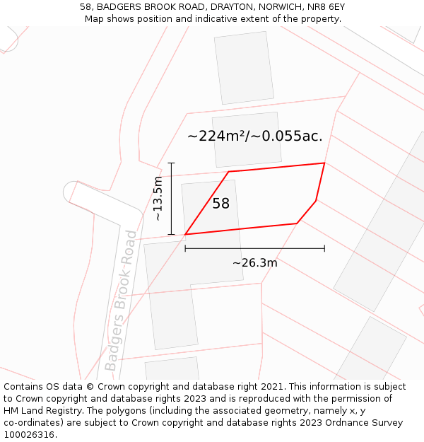 58, BADGERS BROOK ROAD, DRAYTON, NORWICH, NR8 6EY: Plot and title map