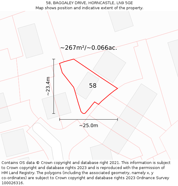 58, BAGGALEY DRIVE, HORNCASTLE, LN9 5GE: Plot and title map