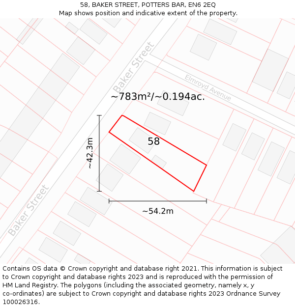 58, BAKER STREET, POTTERS BAR, EN6 2EQ: Plot and title map