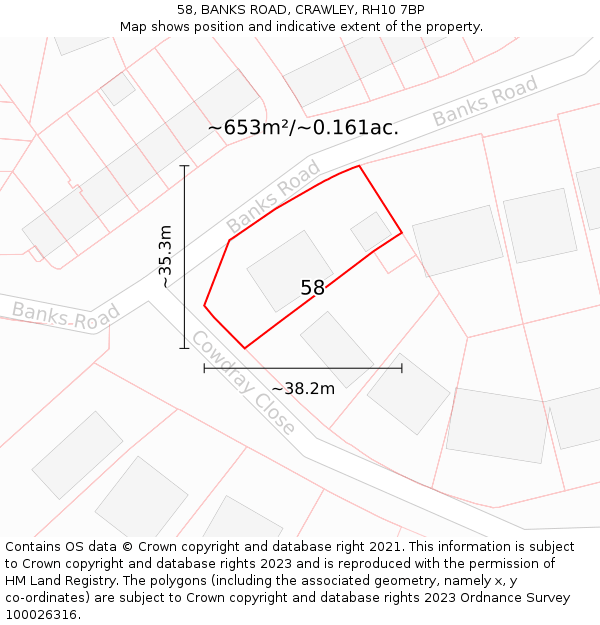 58, BANKS ROAD, CRAWLEY, RH10 7BP: Plot and title map