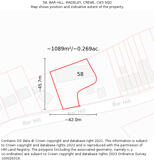 58, BAR HILL, MADELEY, CREWE, CW3 9QD: Plot and title map