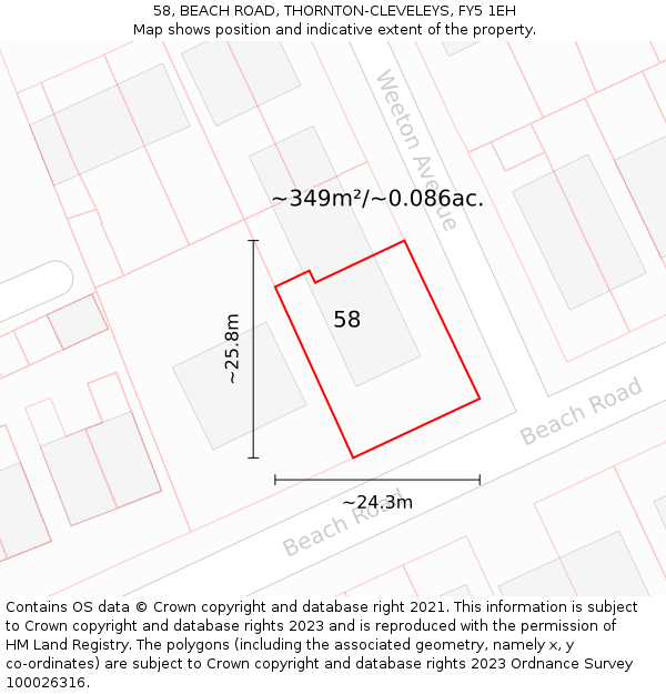 58, BEACH ROAD, THORNTON-CLEVELEYS, FY5 1EH: Plot and title map