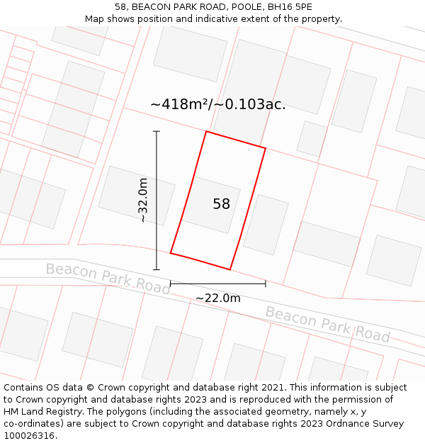 58, BEACON PARK ROAD, POOLE, BH16 5PE: Plot and title map