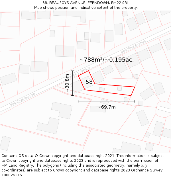 58, BEAUFOYS AVENUE, FERNDOWN, BH22 9RL: Plot and title map