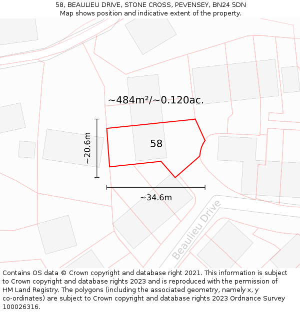 58, BEAULIEU DRIVE, STONE CROSS, PEVENSEY, BN24 5DN: Plot and title map